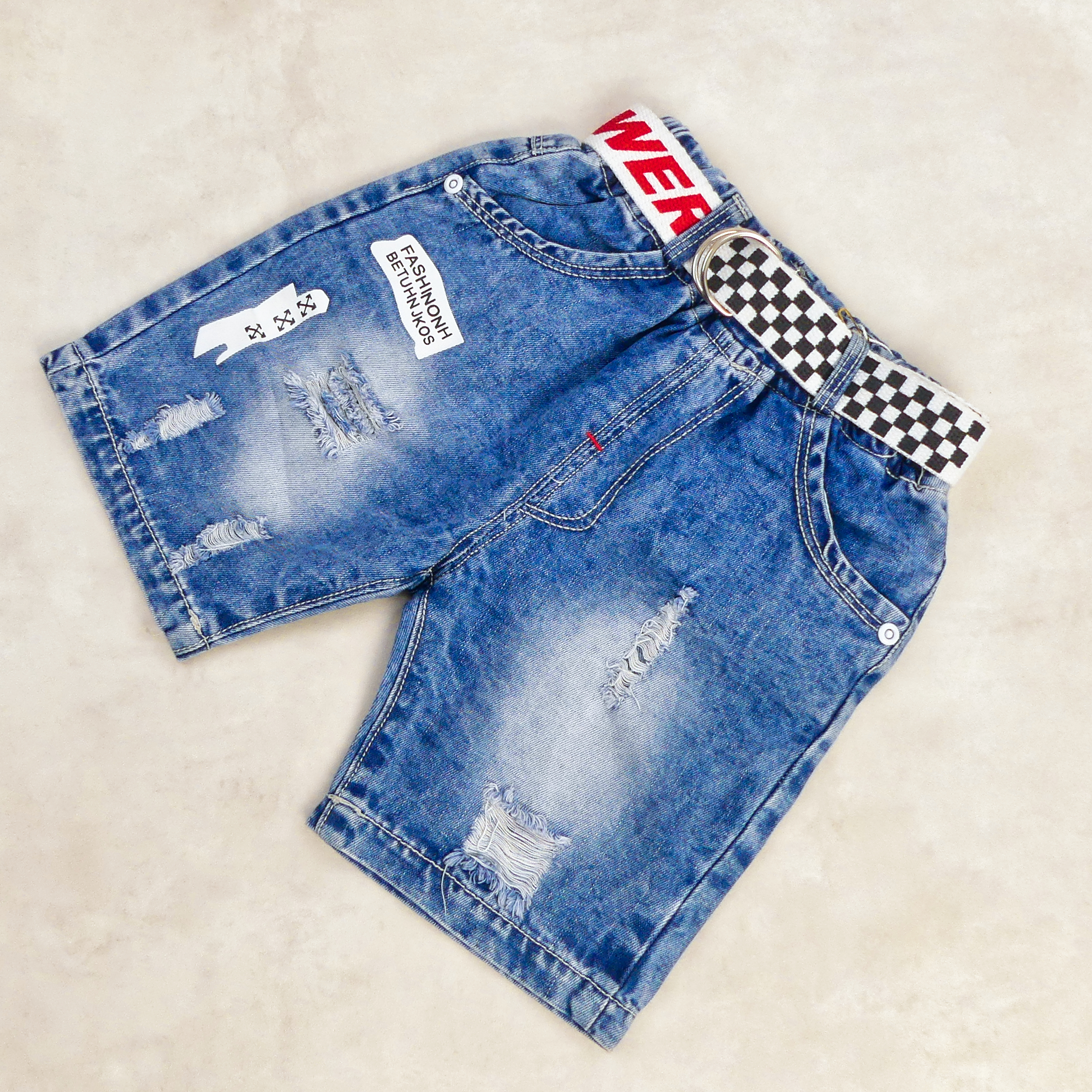 SHORT JEANS BLEU SIMPLE AVEC CEINTURE MOTIF POWER-001 – Image 2