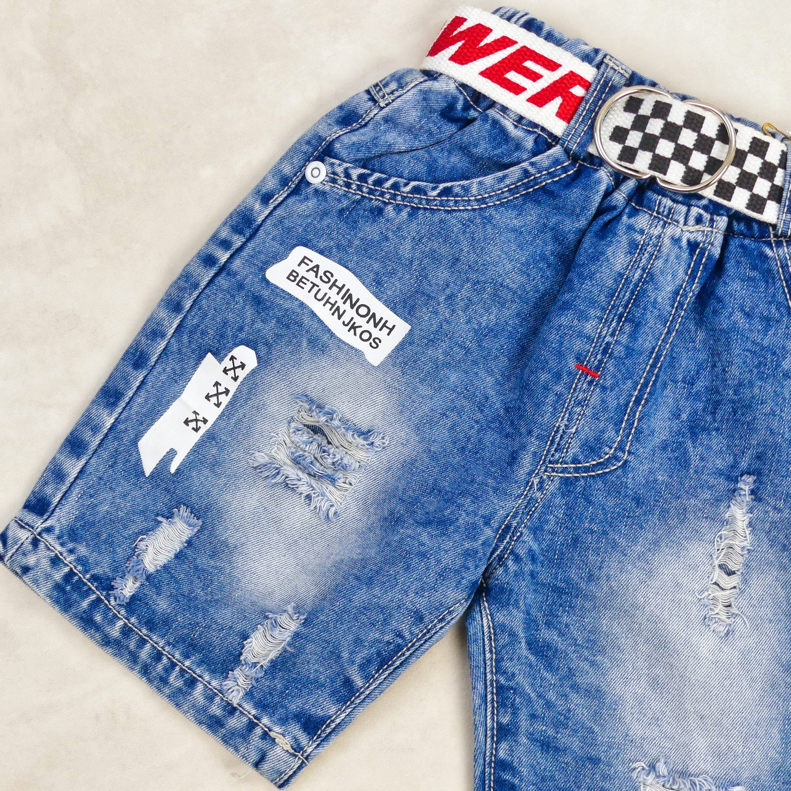 SHORT JEANS BLEU SIMPLE AVEC CEINTURE MOTIF POWER-001 – Image 4