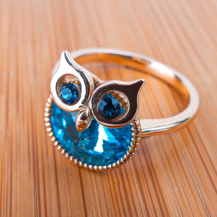 bague plaqué or pierre hibou rende bleu