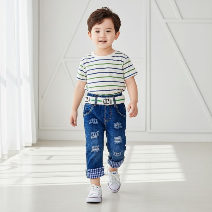 Pantacourt Jeans bleu avec Bordure a carreau Bleu