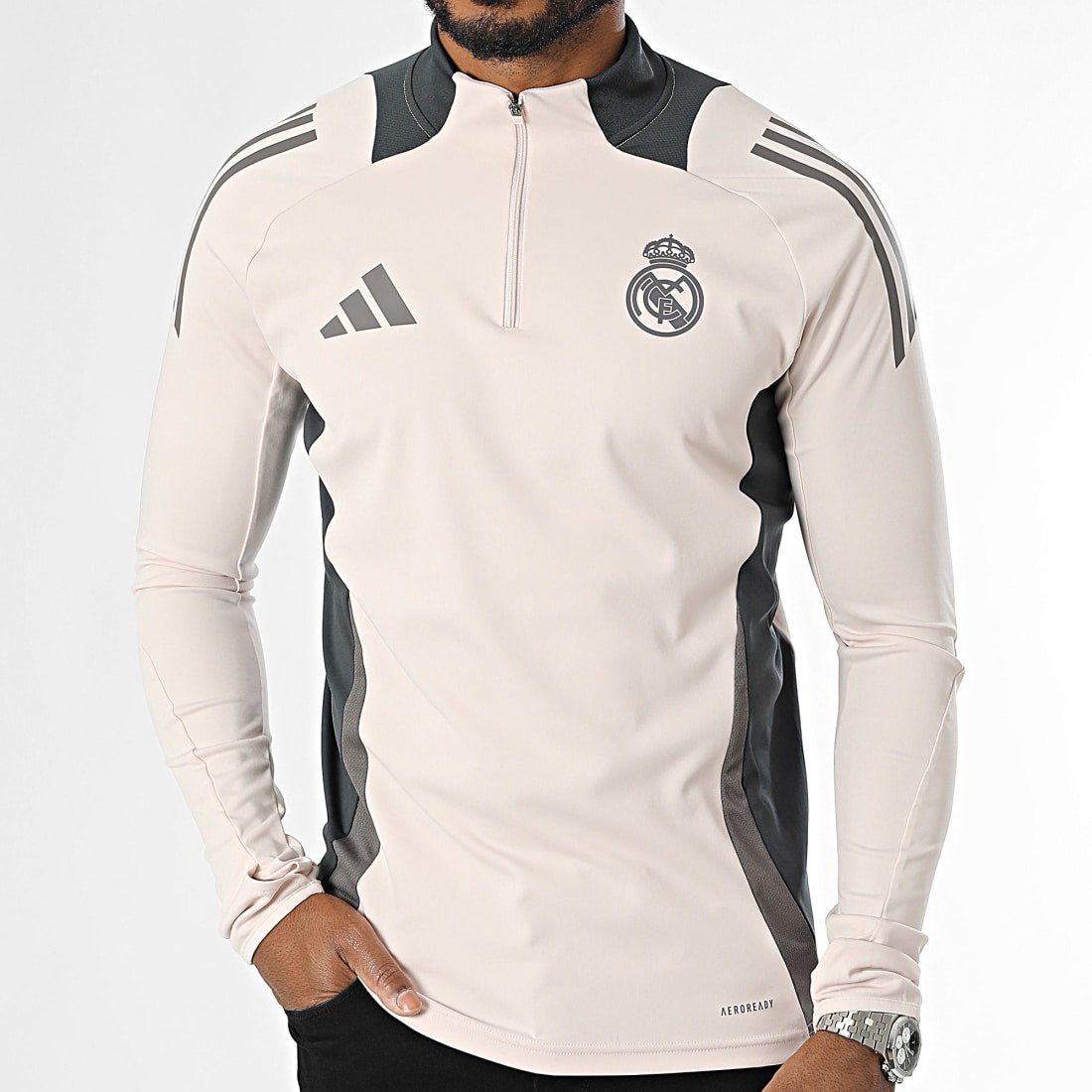 Tee Shirt Manches Longues A Bandes Real Madrid IT5133 Beige Gris – Image 3