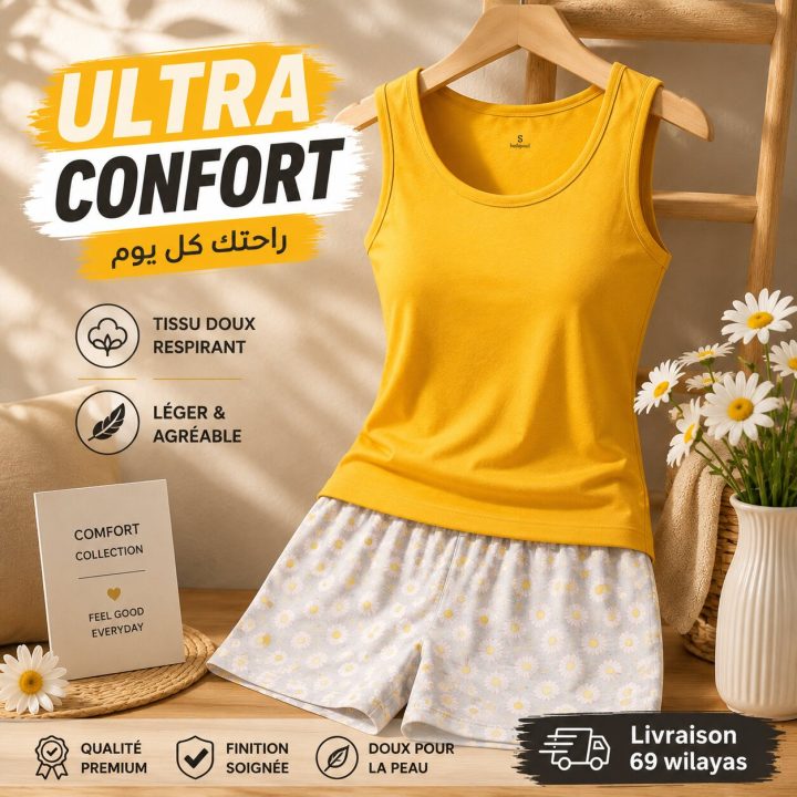 Pyjama d'Été Femme Jaune