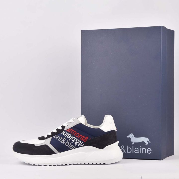 HARMONT AND BLAINE SCARPA UOMO CAMOSCIO  TEX FABRIC BLU  BIANCO