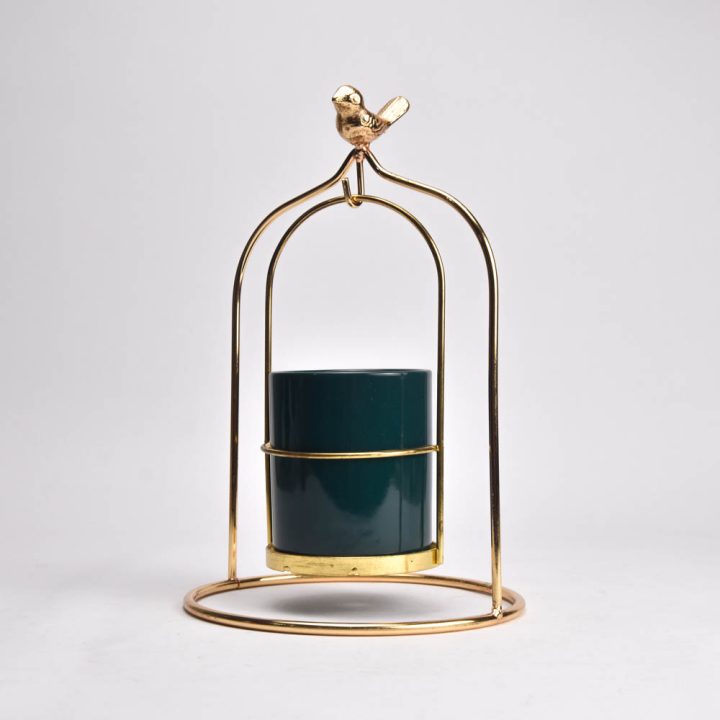 Porte-bougie décoratif doré avec oiseau – Vert foncé