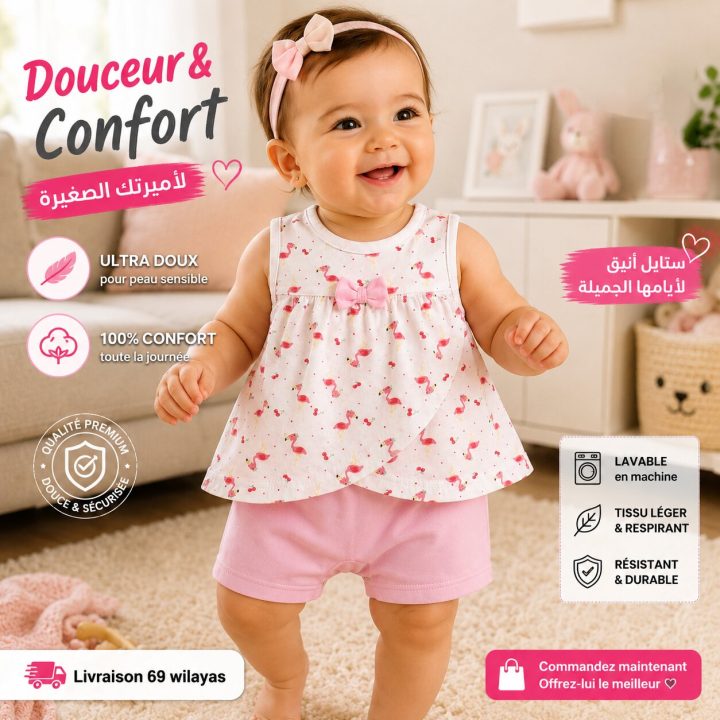 Ensemble bébé fille 1 pièce Flamant Rose Rose