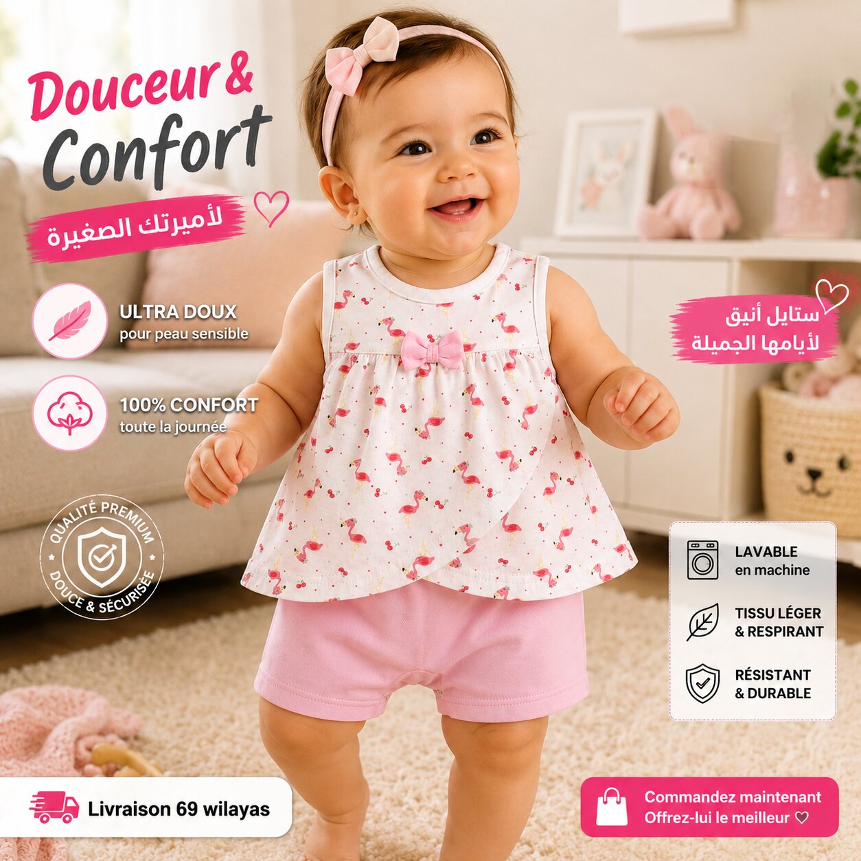 Ensemble bébé fille 1 pièce Flamant Rose Rose