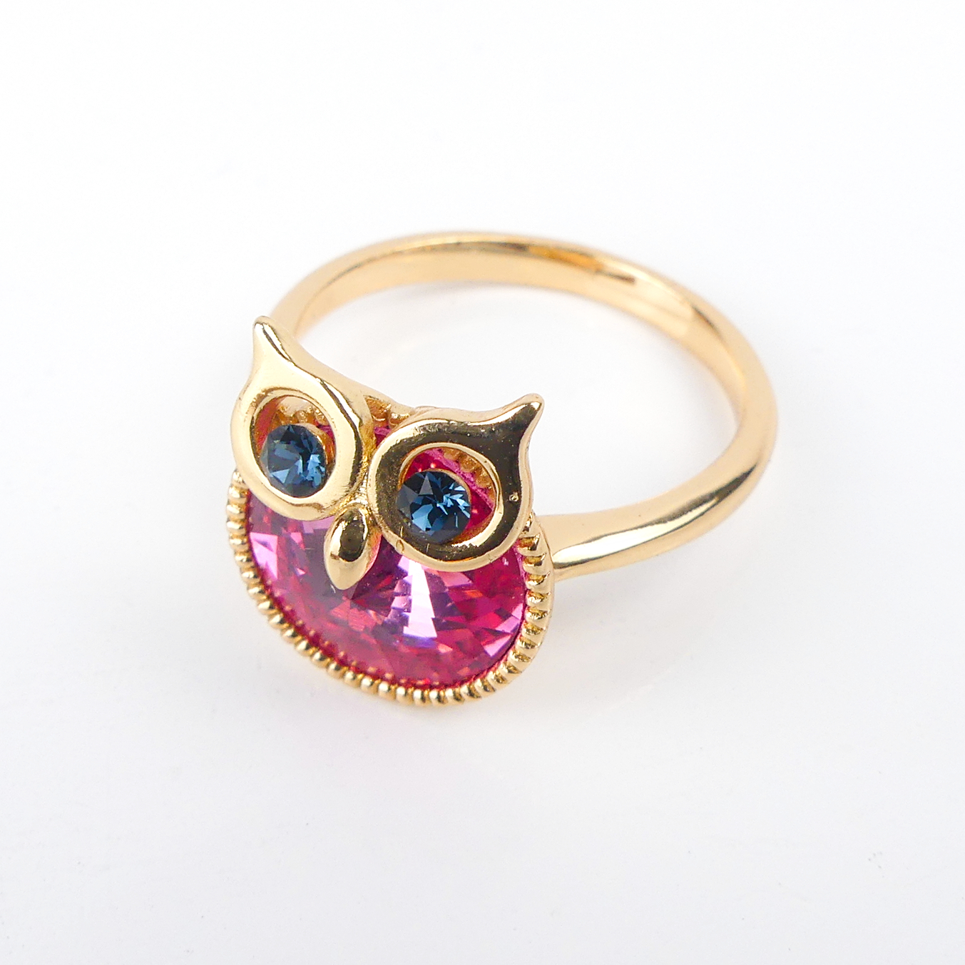 bague plaqué or pierre hibou ronde rose – Image 3
