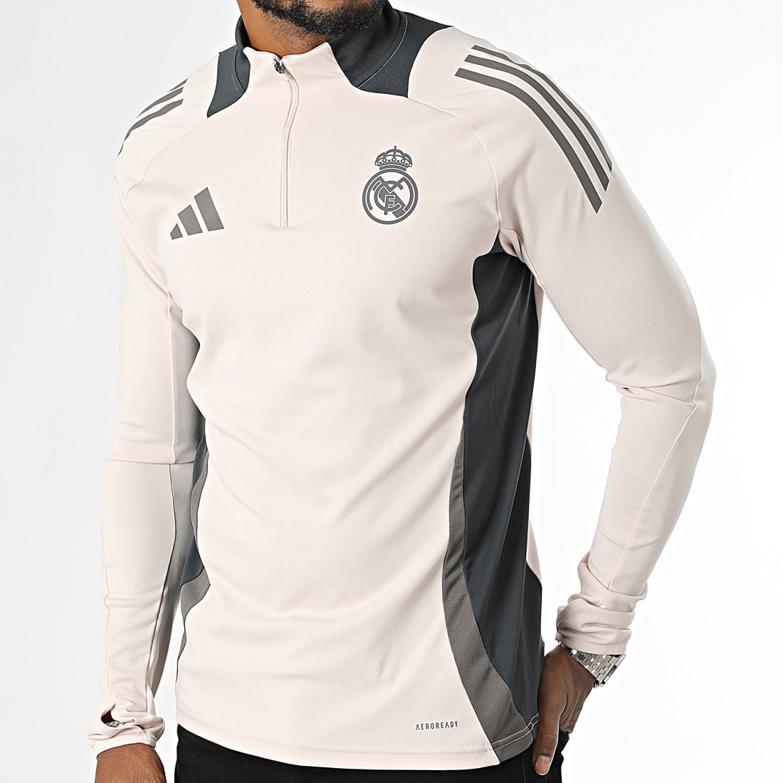 Tee Shirt Manches Longues A Bandes Real Madrid IT5133 Beige Gris – Image 4