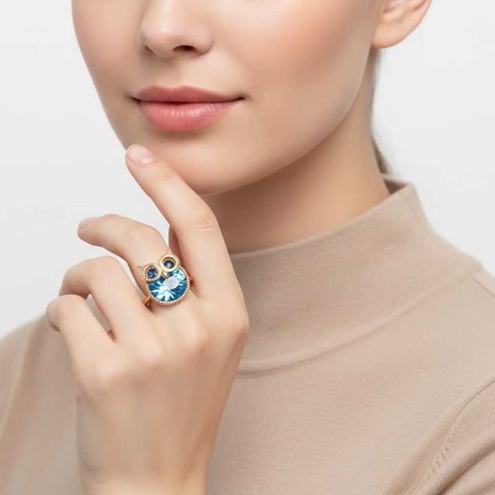 bague plaqué or pierre hibou rende bleu