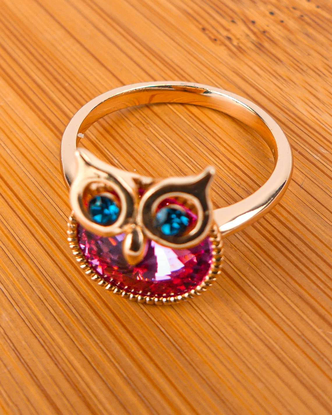 bague plaqué or pierre hibou ronde rose – Image 4
